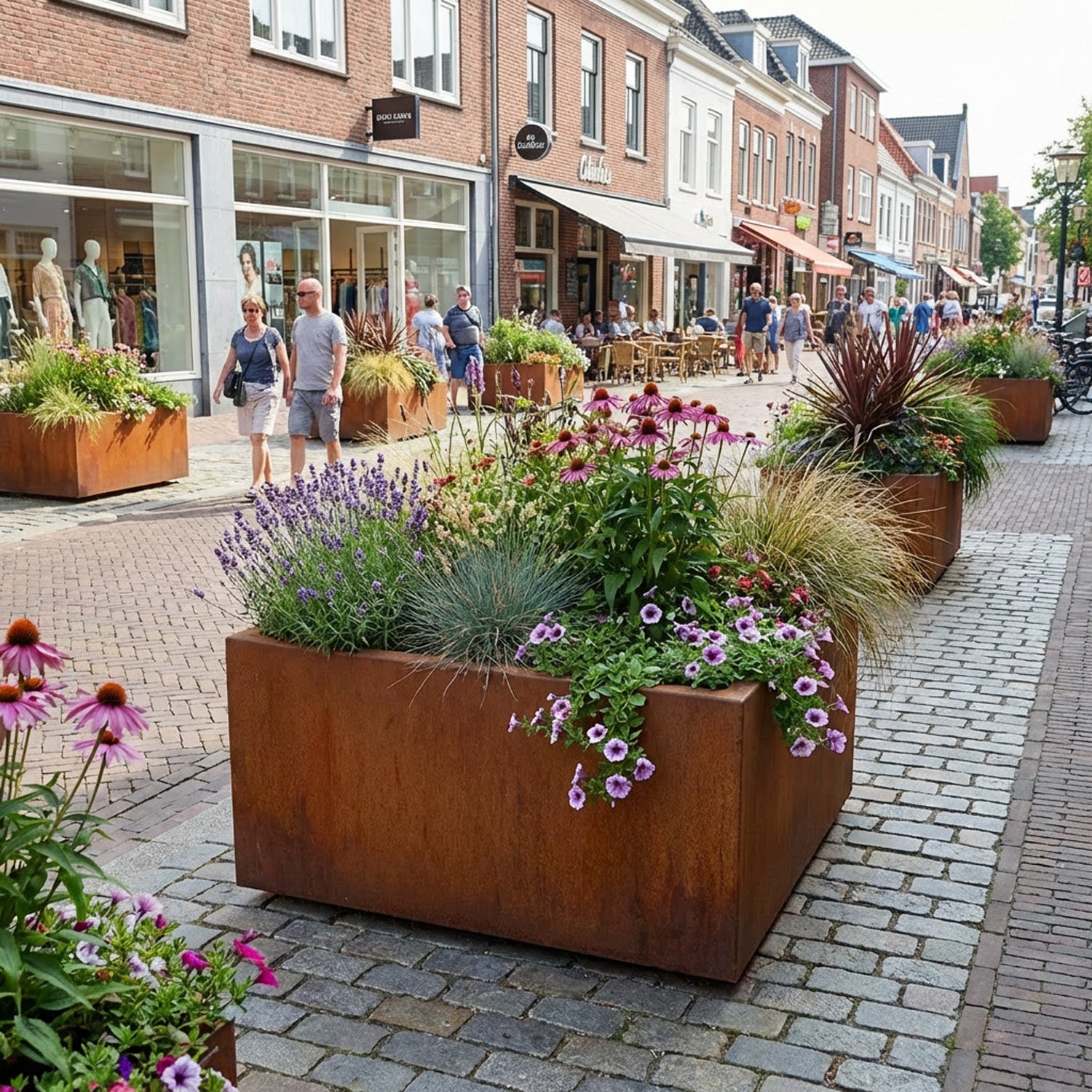 Commercial Grade Rustic Steel Outdoor Planter Troughs - 1150mm x 1150mm Top x 500mm Height