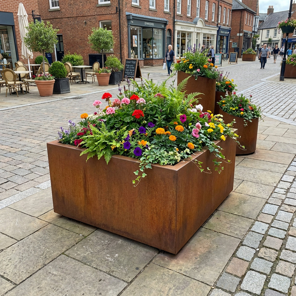 Commercial Grade Rustic Steel Outdoor Planter Troughs - 1150mm x 1150mm Top x 500mm Height