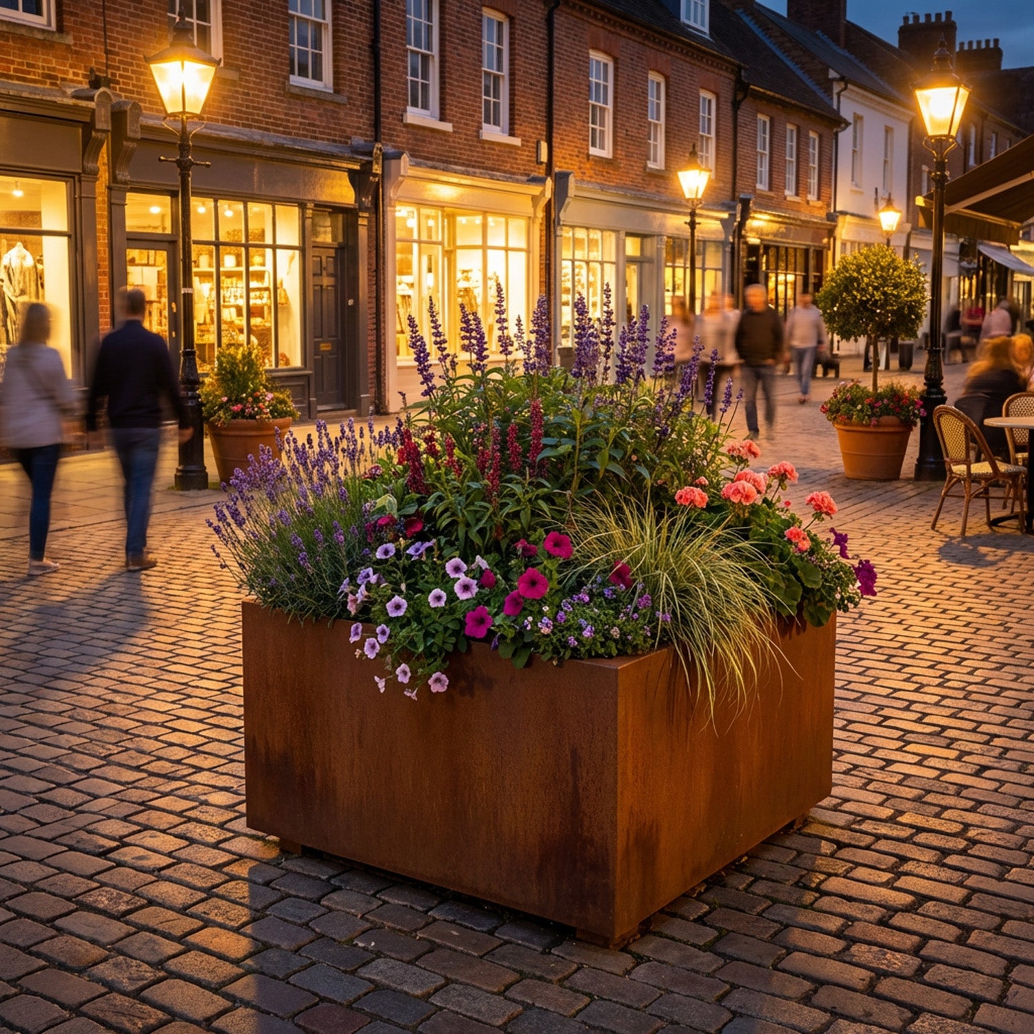 Commercial Grade Rustic Steel Outdoor Planter Troughs - 1150mm x 1150mm Top x 500mm Height