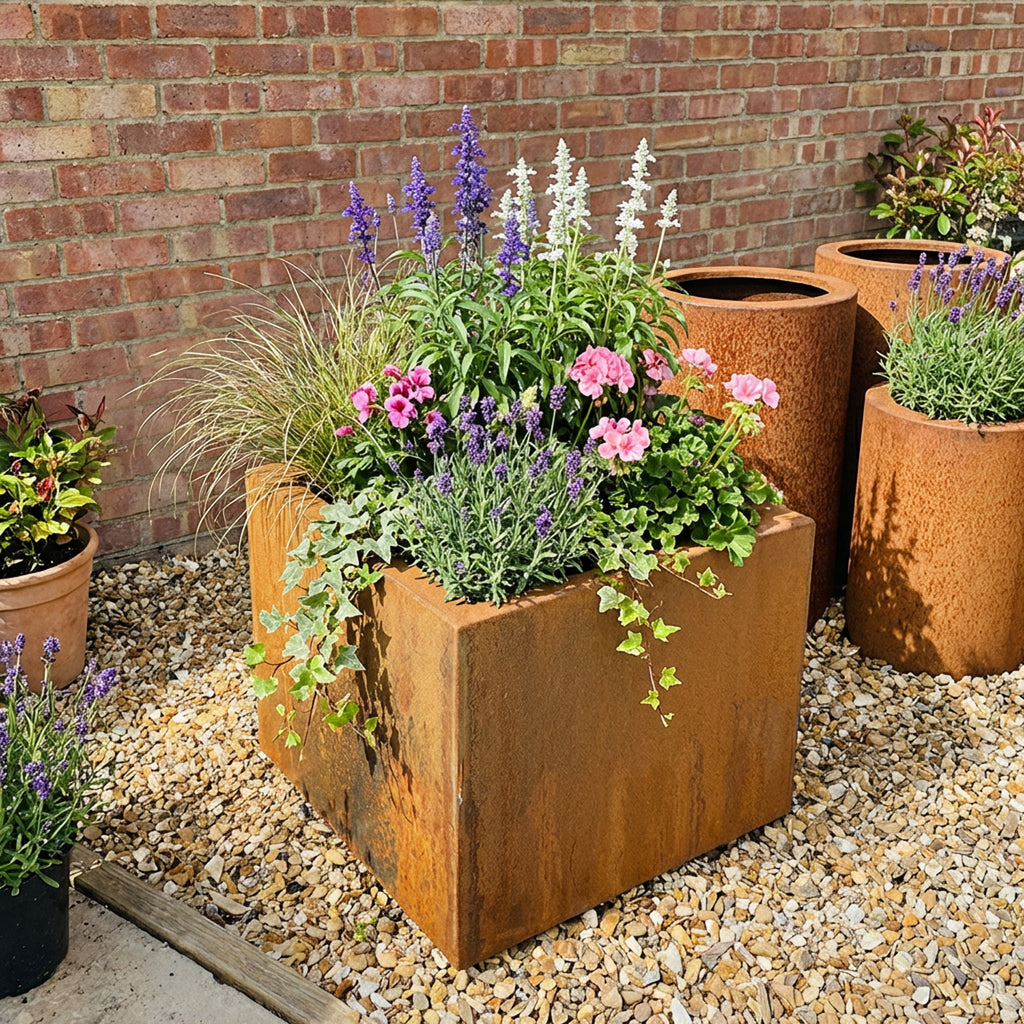 Commercial Grade Rustic Steel Planter Troughs - 575mm x 575mm Top x 500mm Height