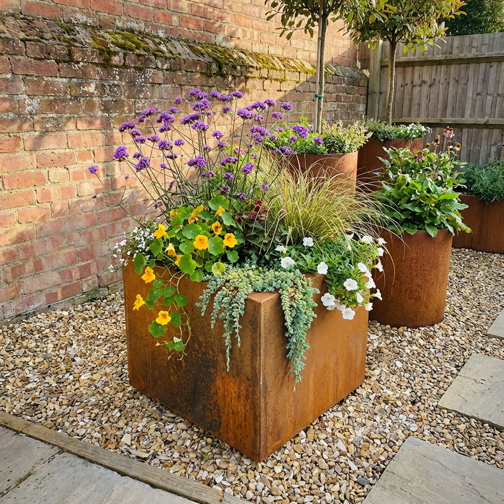 Commercial Grade Rustic Steel Planter Troughs - 575mm x 575mm Top x 500mm Height