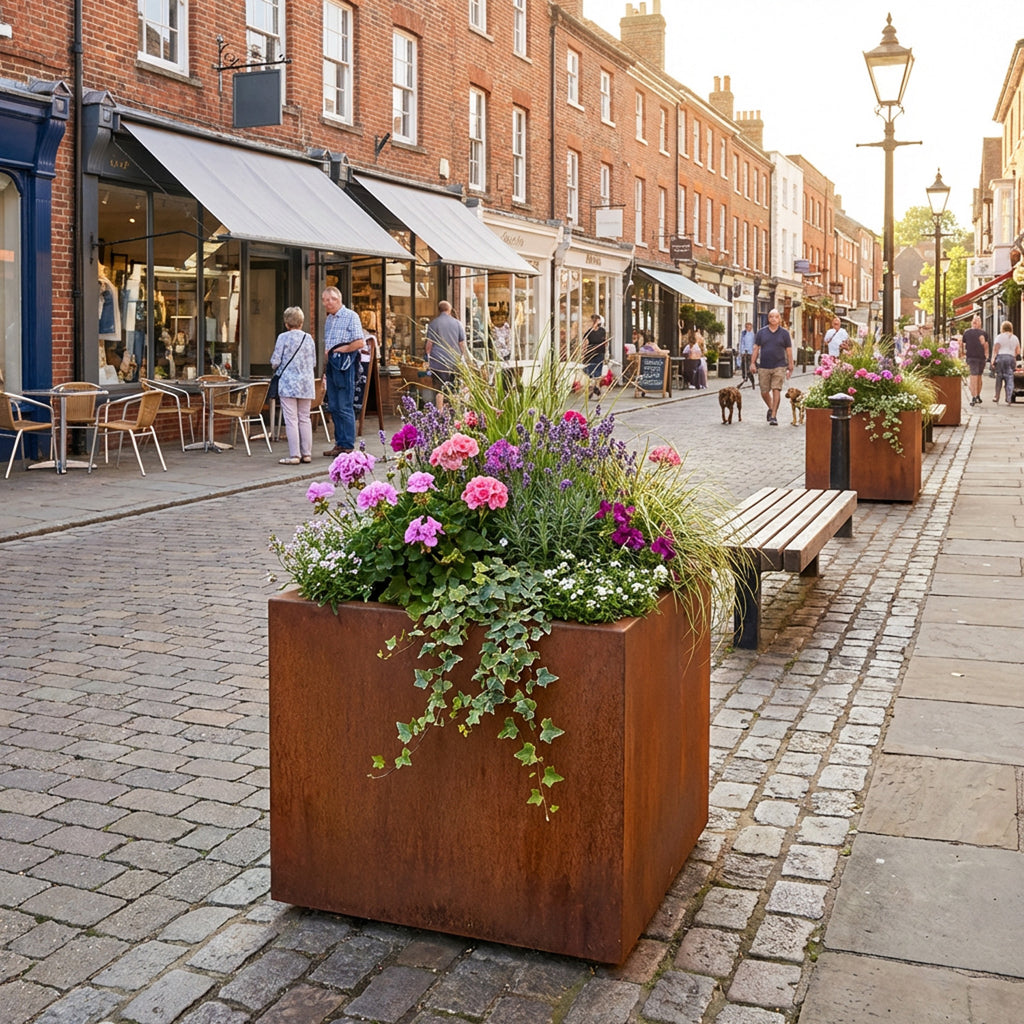 Commercial Grade Rustic Steel Planter Troughs - 575mm x 575mm Top x 500mm Height