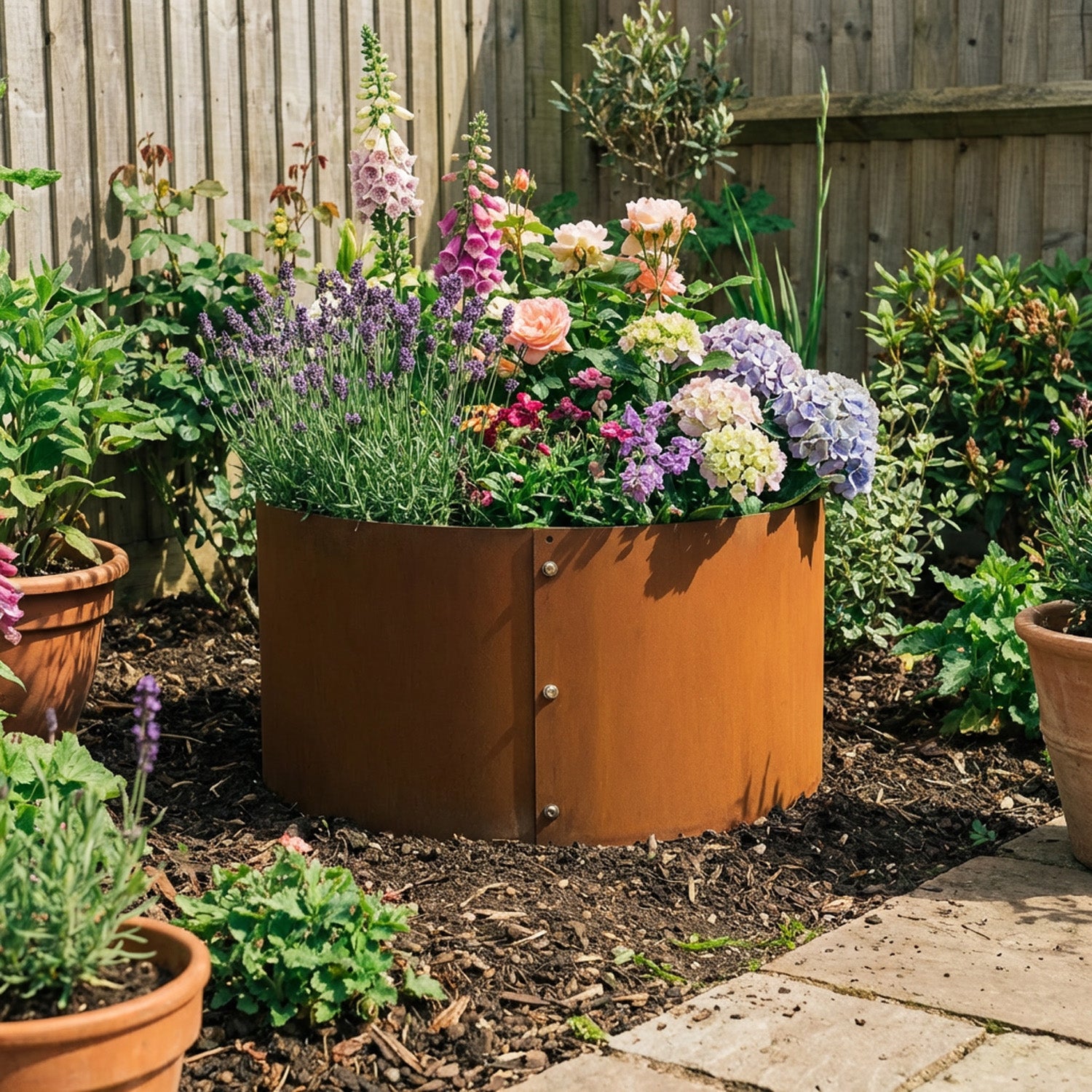 Bolt-Up Circular Rustic Steel Tree Ring & Planter - 400mm Diameter x 600mm Height