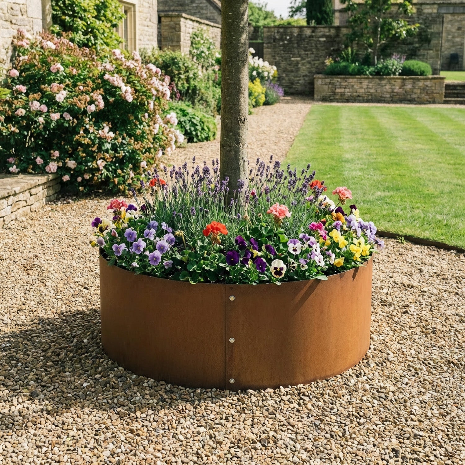 Bolt-Up Circular Rustic Steel Tree Ring & Planter - 600mm Diameter x 400mm Height