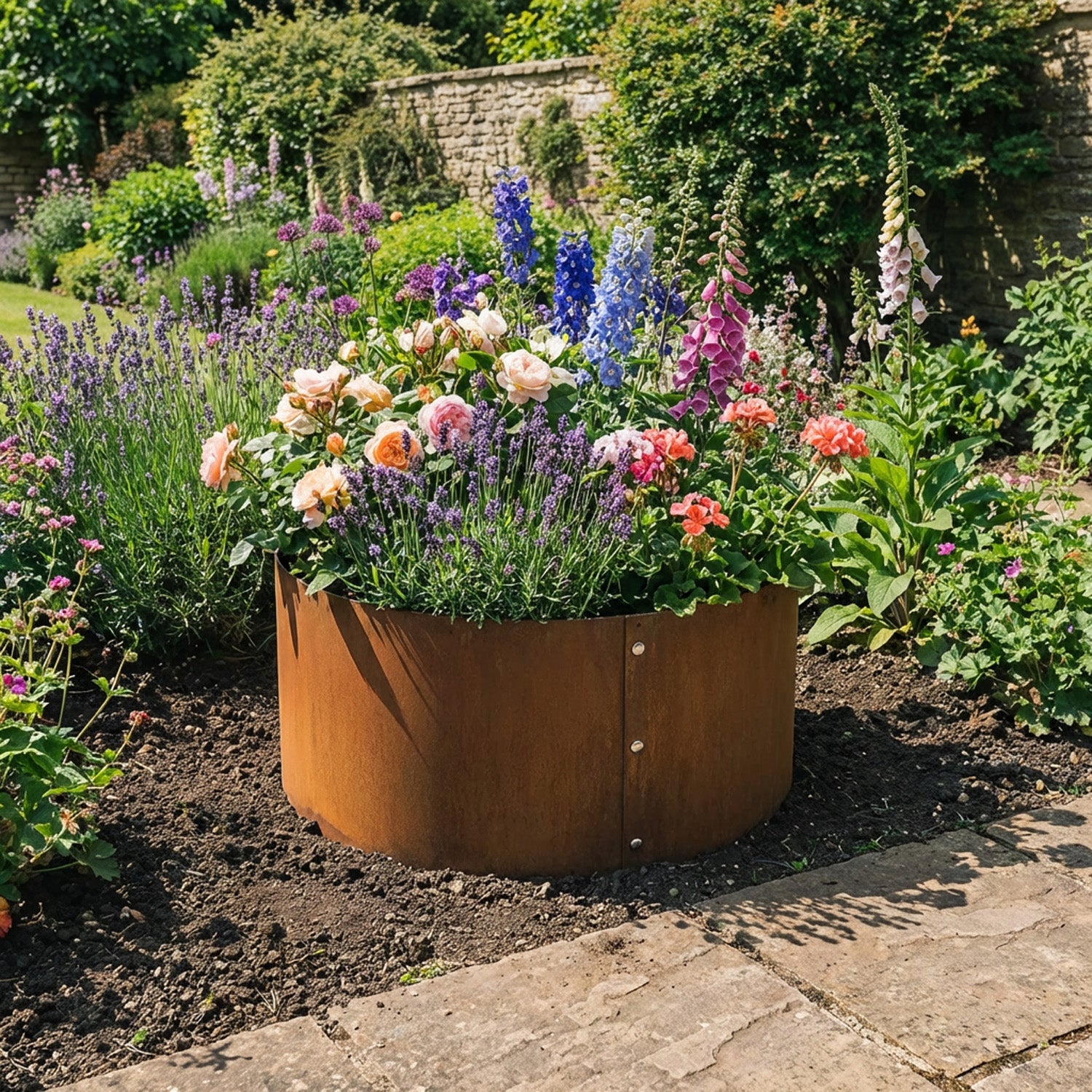 Bolt-Up Circular Rustic Steel Tree Ring & Planter - 400mm Diameter x 600mm Height
