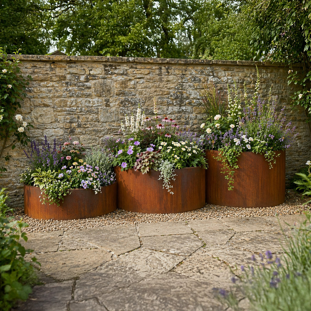 Semi Circular Rustic Steel Planter - 600mm Diameter x 200mm Height