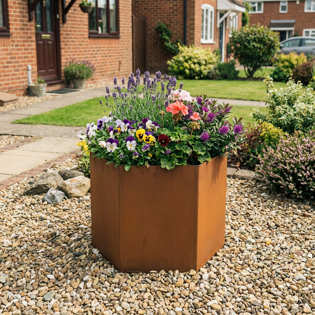 Hexagon-Shaped Rustic Steel Planter - 600mm Diameter x 400mm Height