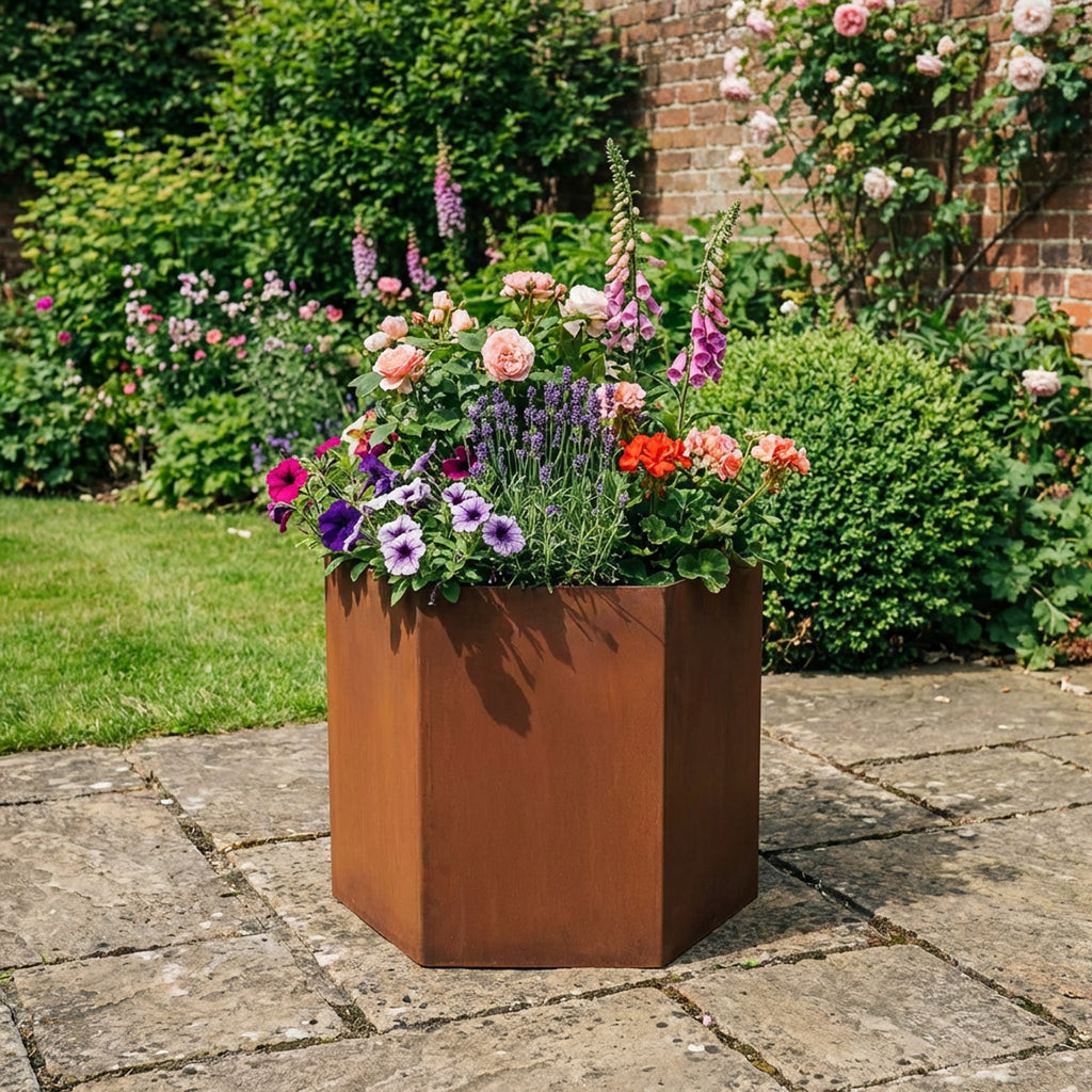 Hexagon-Shaped Rustic Steel Planter - 400mm Diameter x 400mm Height