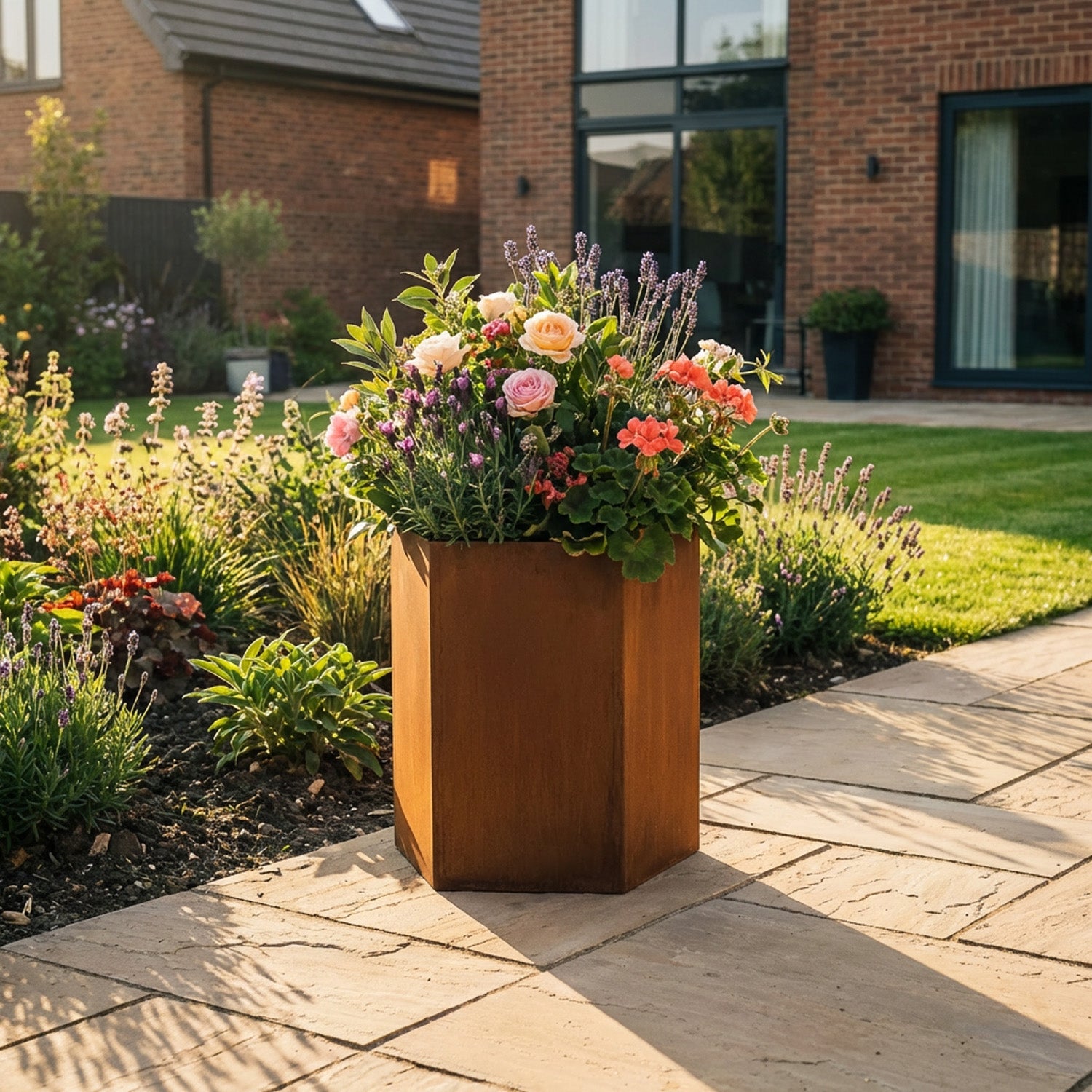 Hexagon-Shaped Rustic Steel Planter - 400mm Diameter x 600mm Height