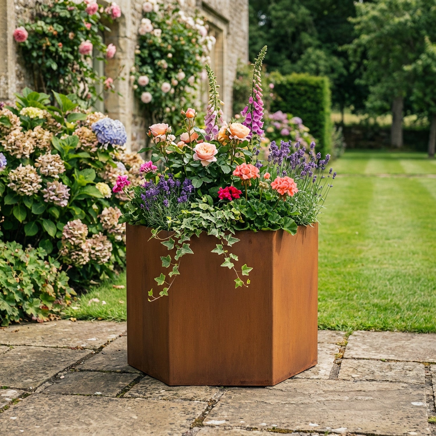 Hexagon-Shaped Rustic Steel Planter - 600mm Diameter x 600mm Height