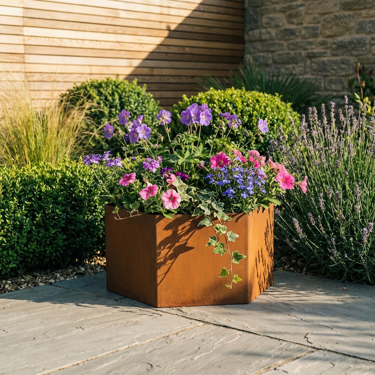 Hexagon-Shaped Rustic Steel Planter - 400mm Diameter x 300mm Height