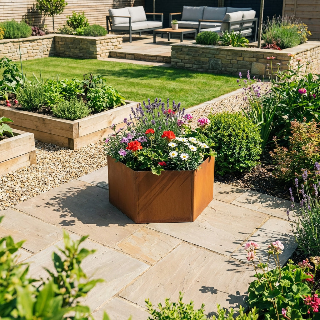Hexagon-Shaped Rustic Steel Planter - 600mm Diameter x 400mm Height