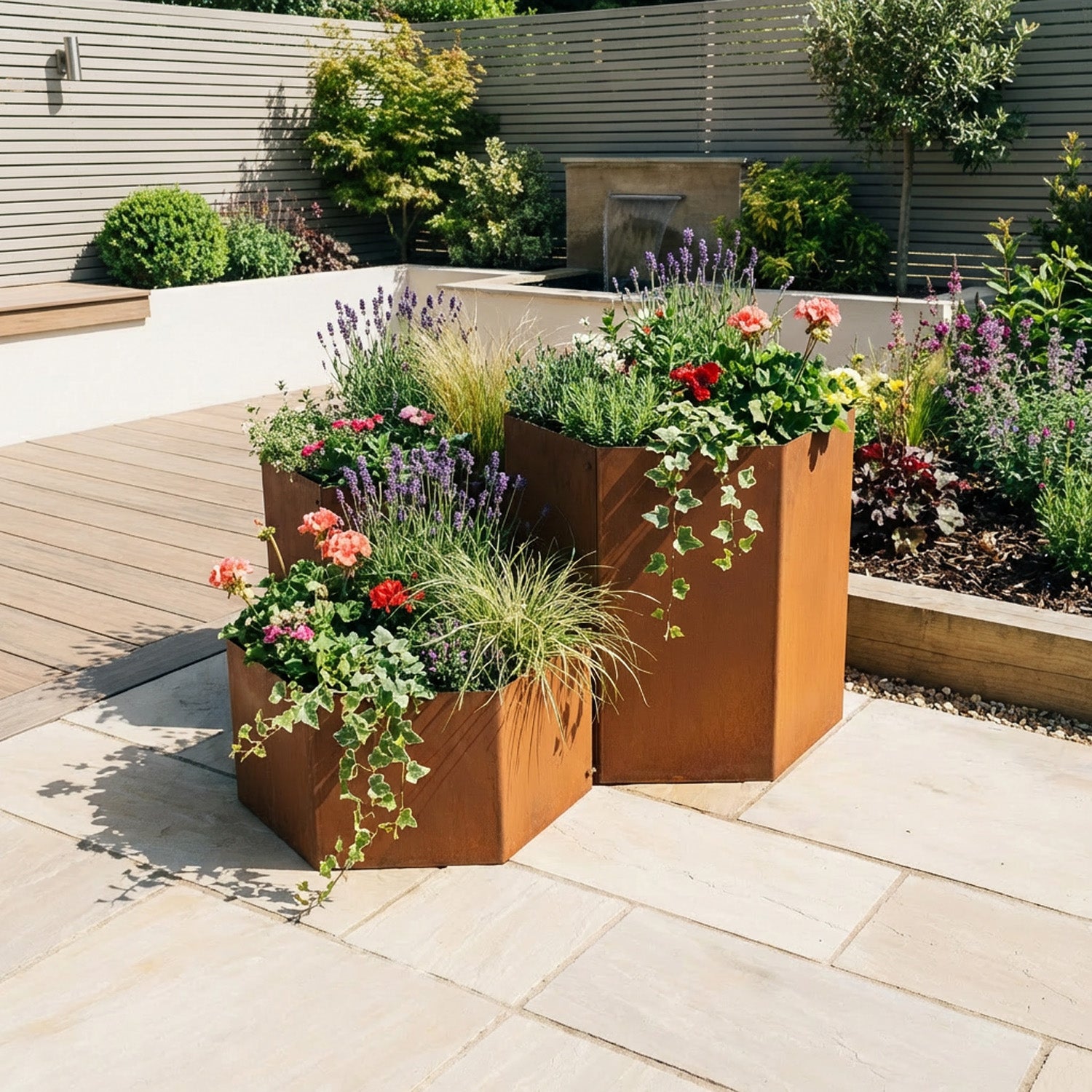 Hexagon-Shaped Rustic Steel Planter - 600mm Diameter x 300mm Height