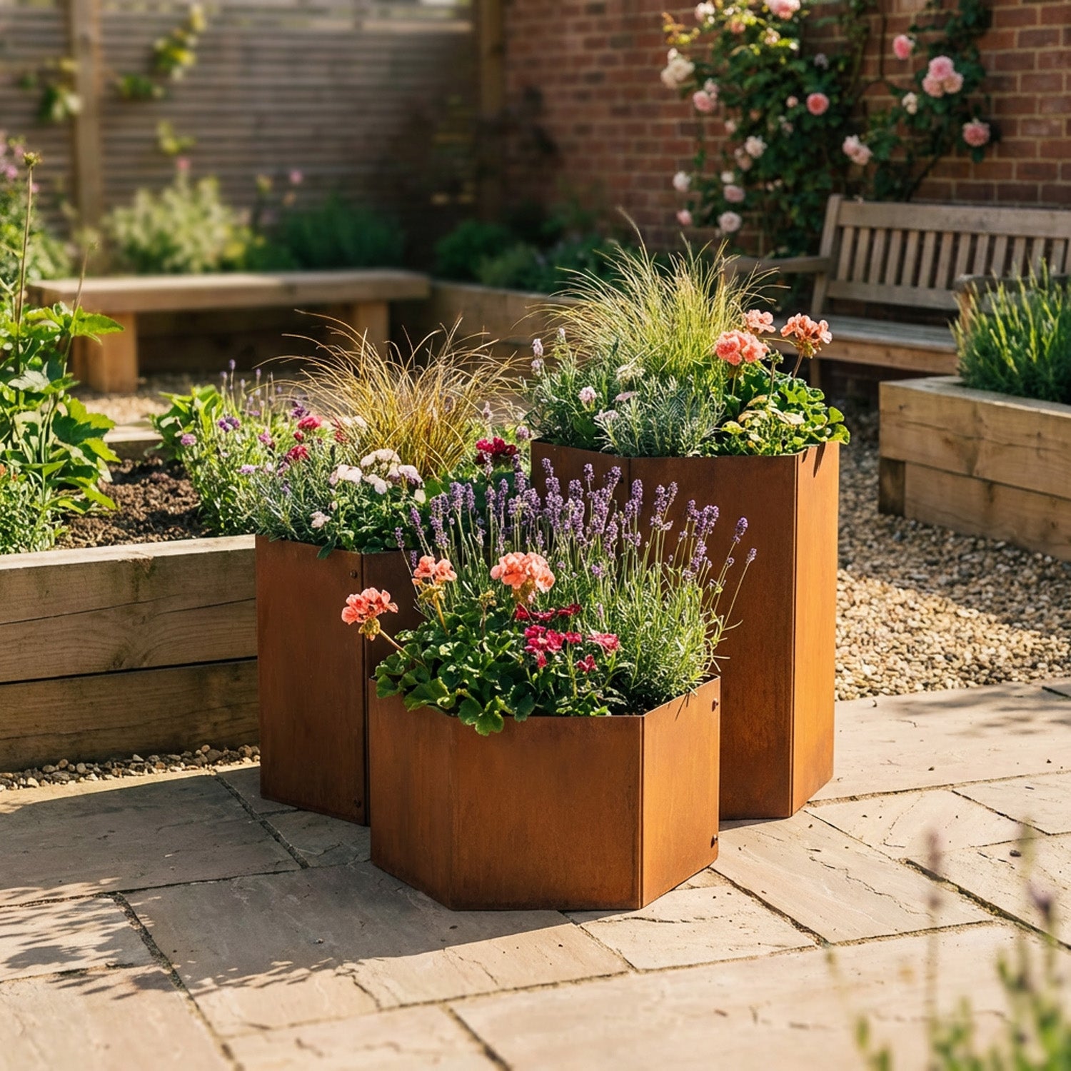 Hexagon-Shaped Rustic Steel Planter - 400mm Diameter x 200mm Height