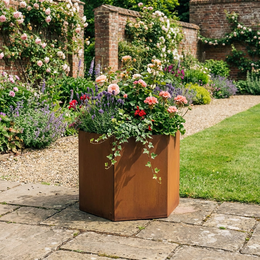 Hexagon-Shaped Rustic Steel Planter - 600mm Diameter x 600mm Height