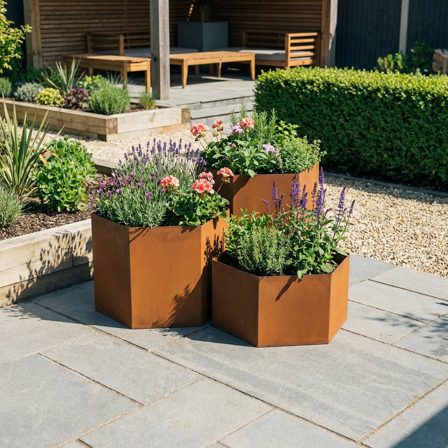 Hexagon-Shaped Rustic Steel Planter - 600mm Diameter x 300mm Height