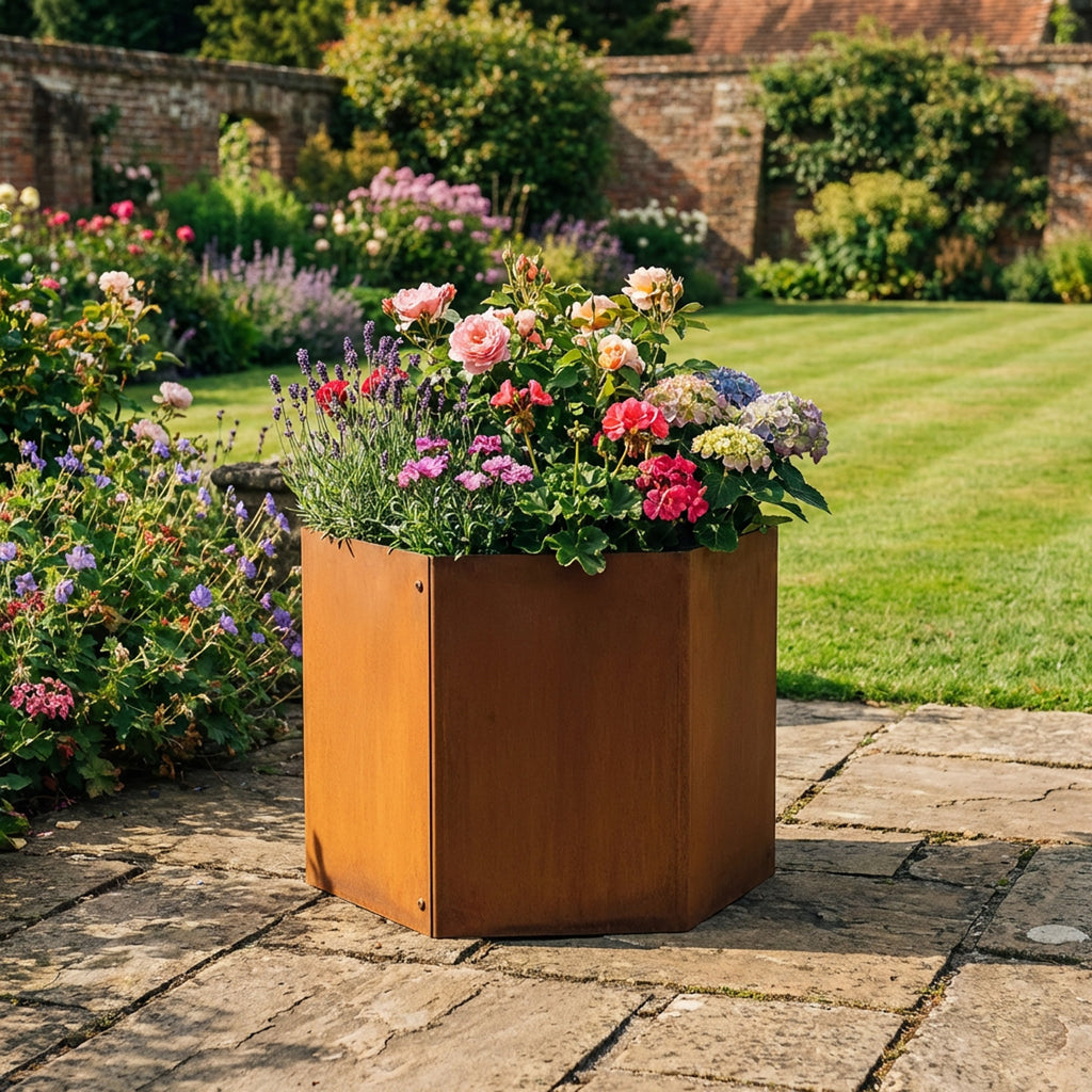 Hexagon-Shaped Rustic Steel Planter - 400mm Diameter x 400mm Height