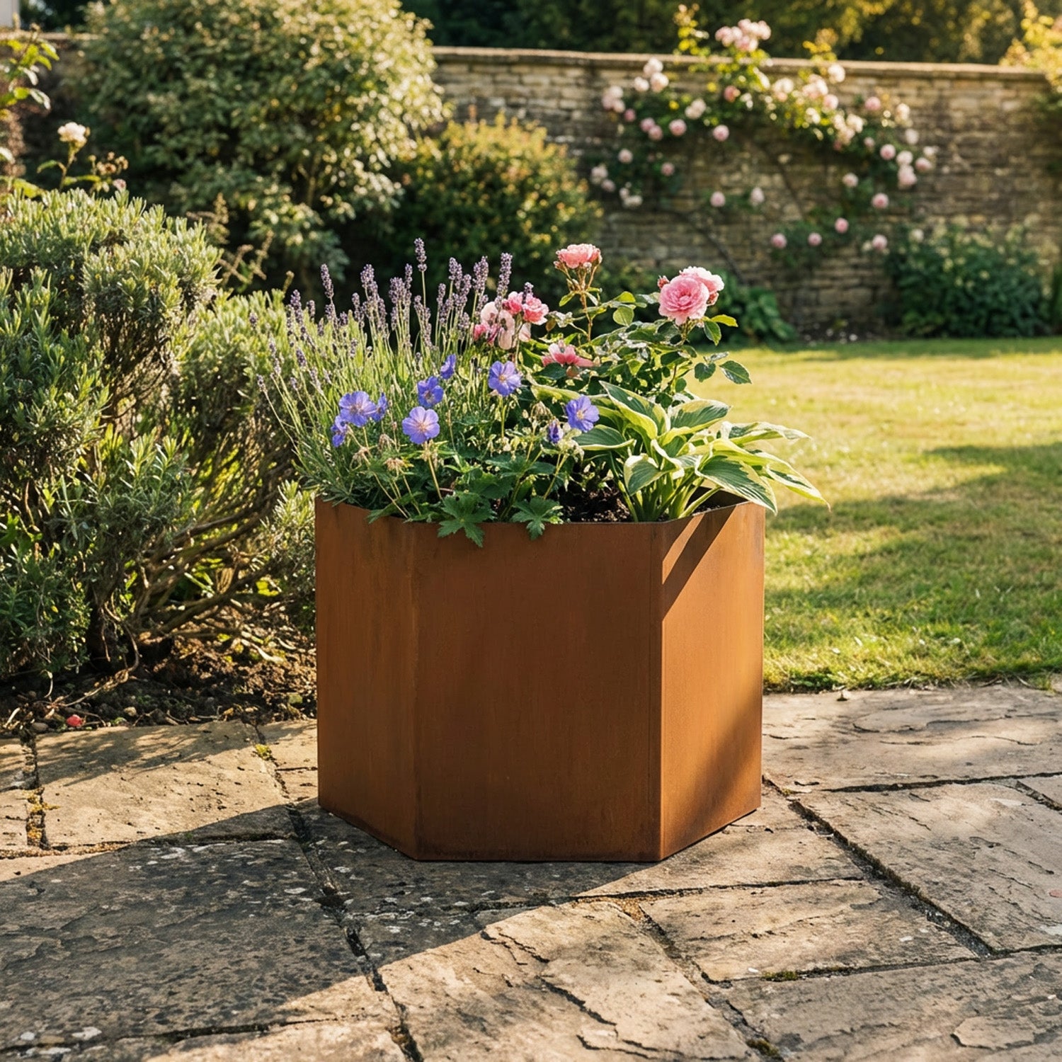 Hexagon-Shaped Rustic Steel Planter - 400mm Diameter x 400mm Height