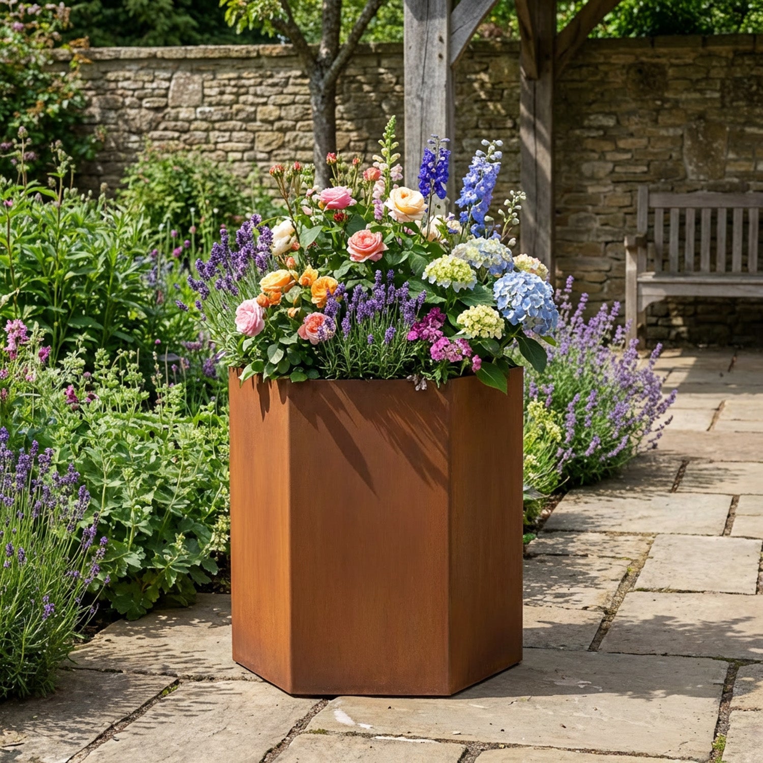 Hexagon-Shaped Rustic Steel Planter - 400mm Diameter x 600mm Height