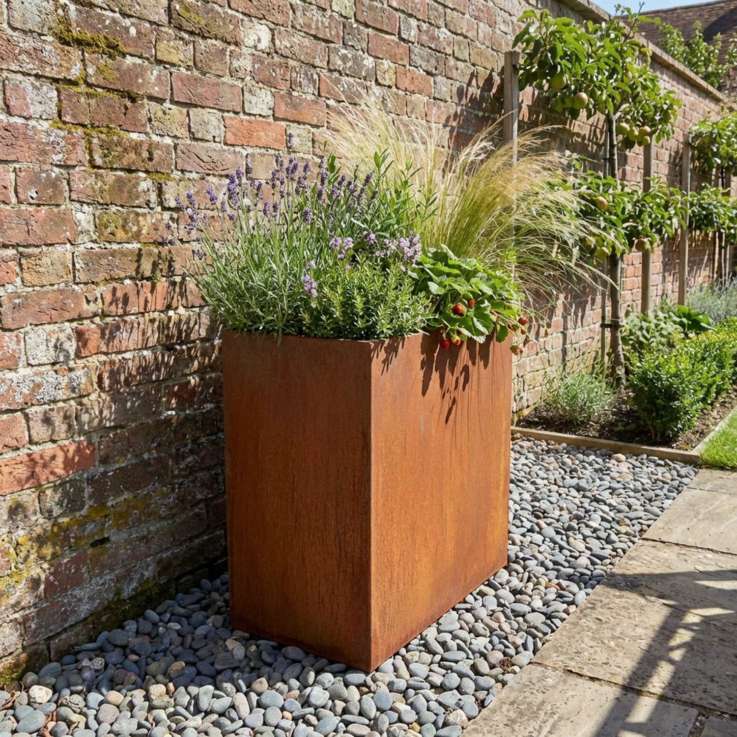 Rectangular Rustic Steel Planter with Base & Drainage Holes - 600mm H x 300mm W x 500mm L