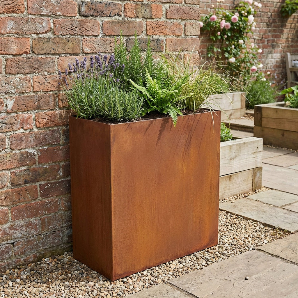 Rectangular Rustic Steel Planter with Base & Drainage Holes - 600mm H x 300mm W x 500mm L