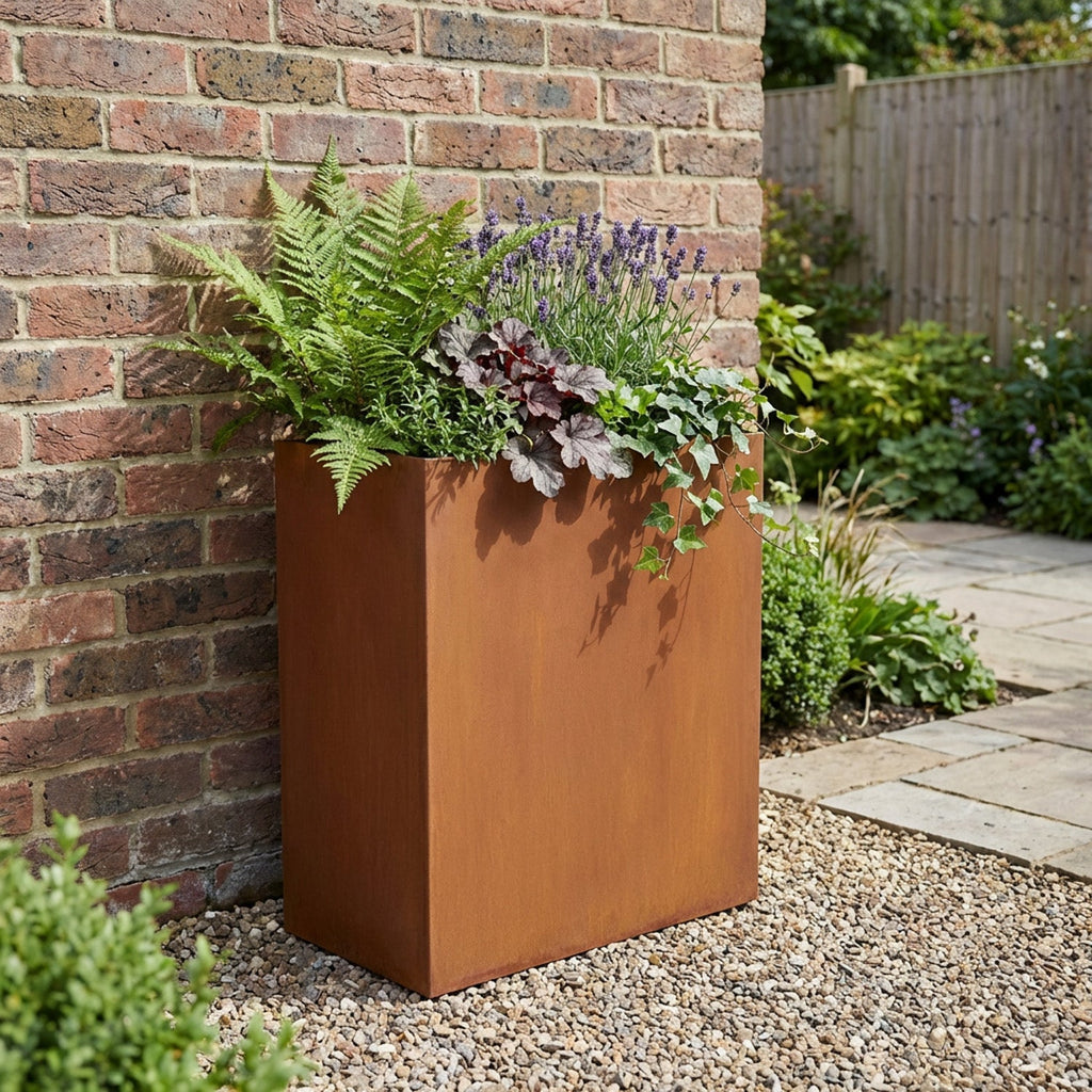 Rectangular Rustic Steel Planter with Base & Drainage Holes - 600mm H x 300mm W x 500mm L