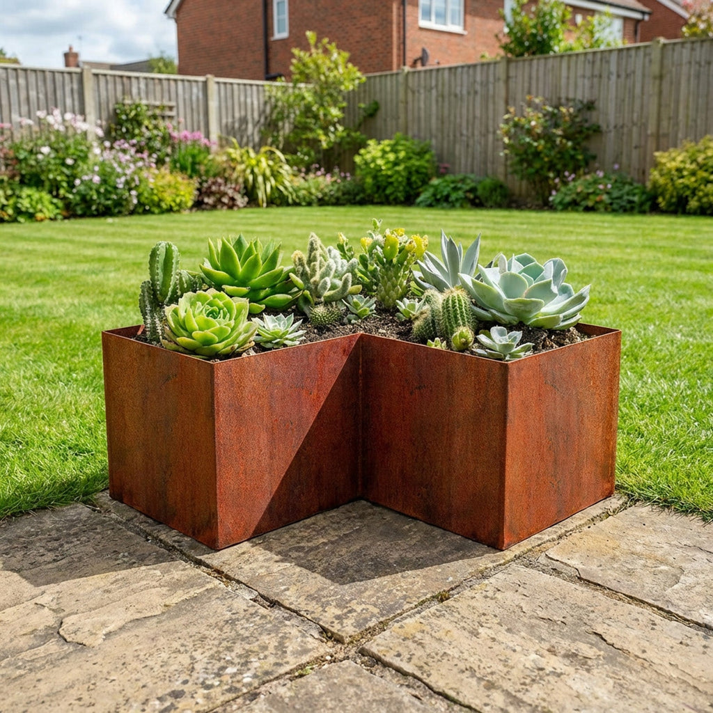 L-Shaped Rustic Steel Corner Planter - 400mm x 400mm Width x 120mm Height