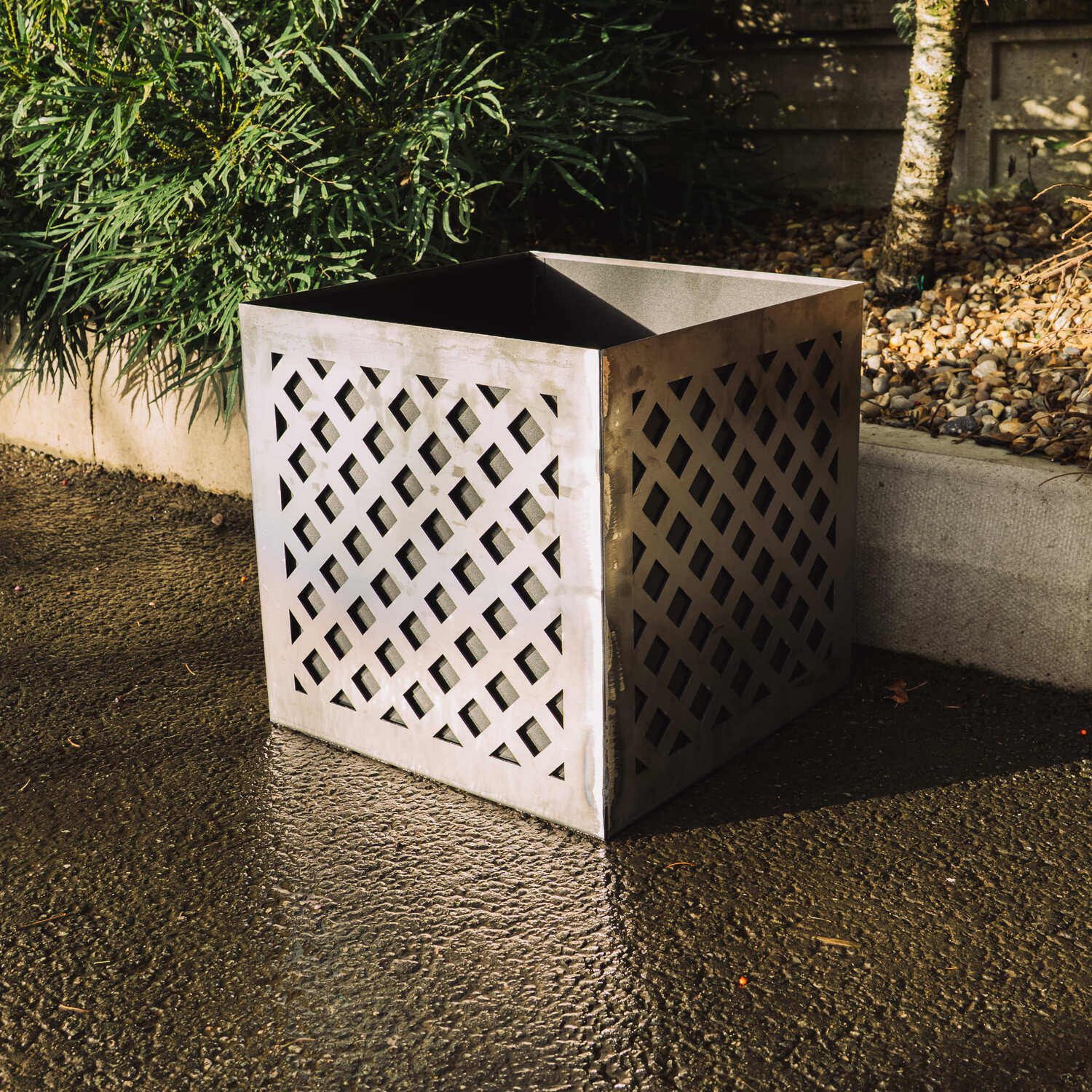 Crosshatch-Design Two-Part Rustic Steel Cube Planter