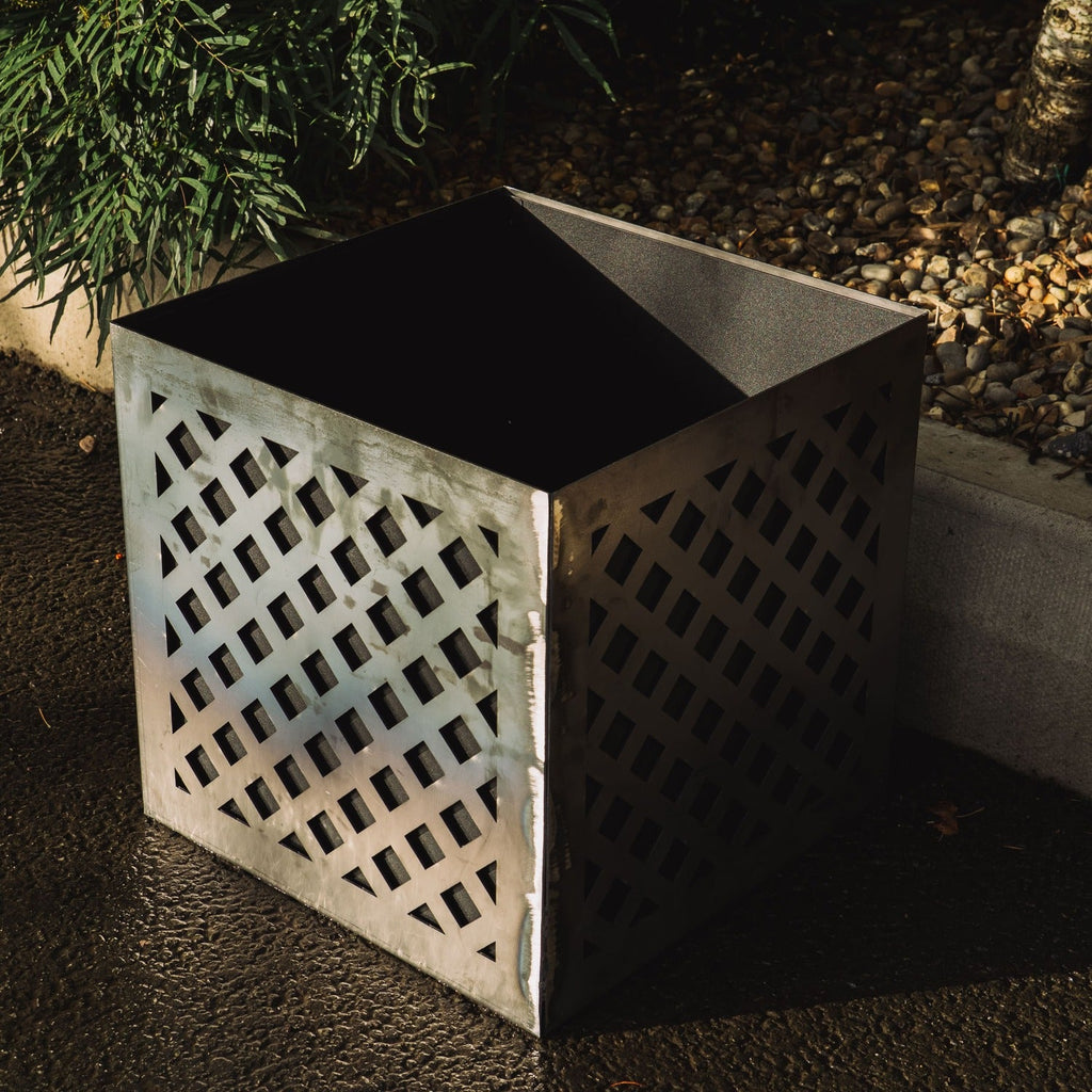 Crosshatch-Design Two-Part Rustic Steel Cube Planter