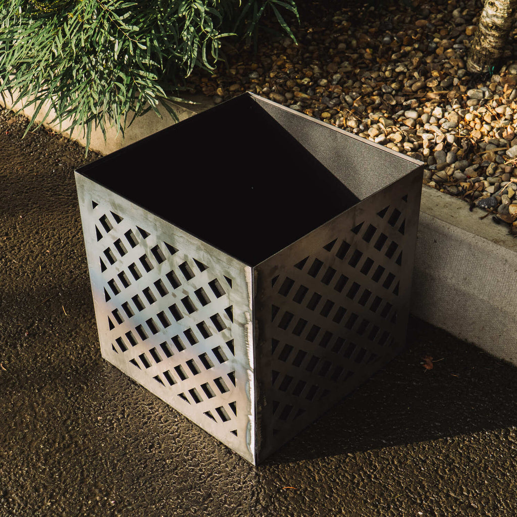Crosshatch-Design Two-Part Rustic Steel Cube Planter