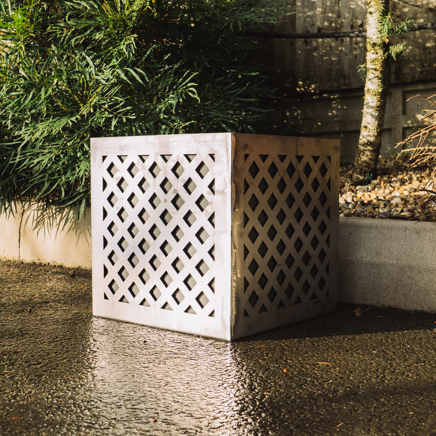 Crosshatch-Design Two-Part Rustic Steel Cube Planter