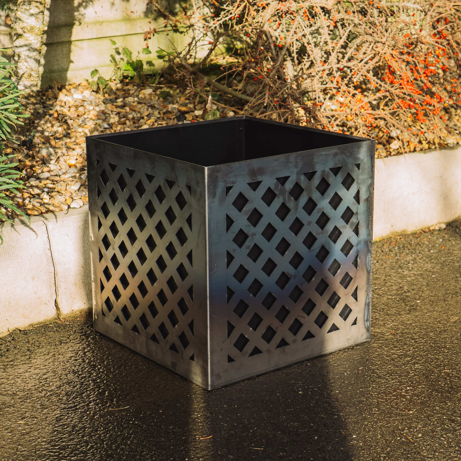 Crosshatch-Design Two-Part Rustic Steel Cube Planter