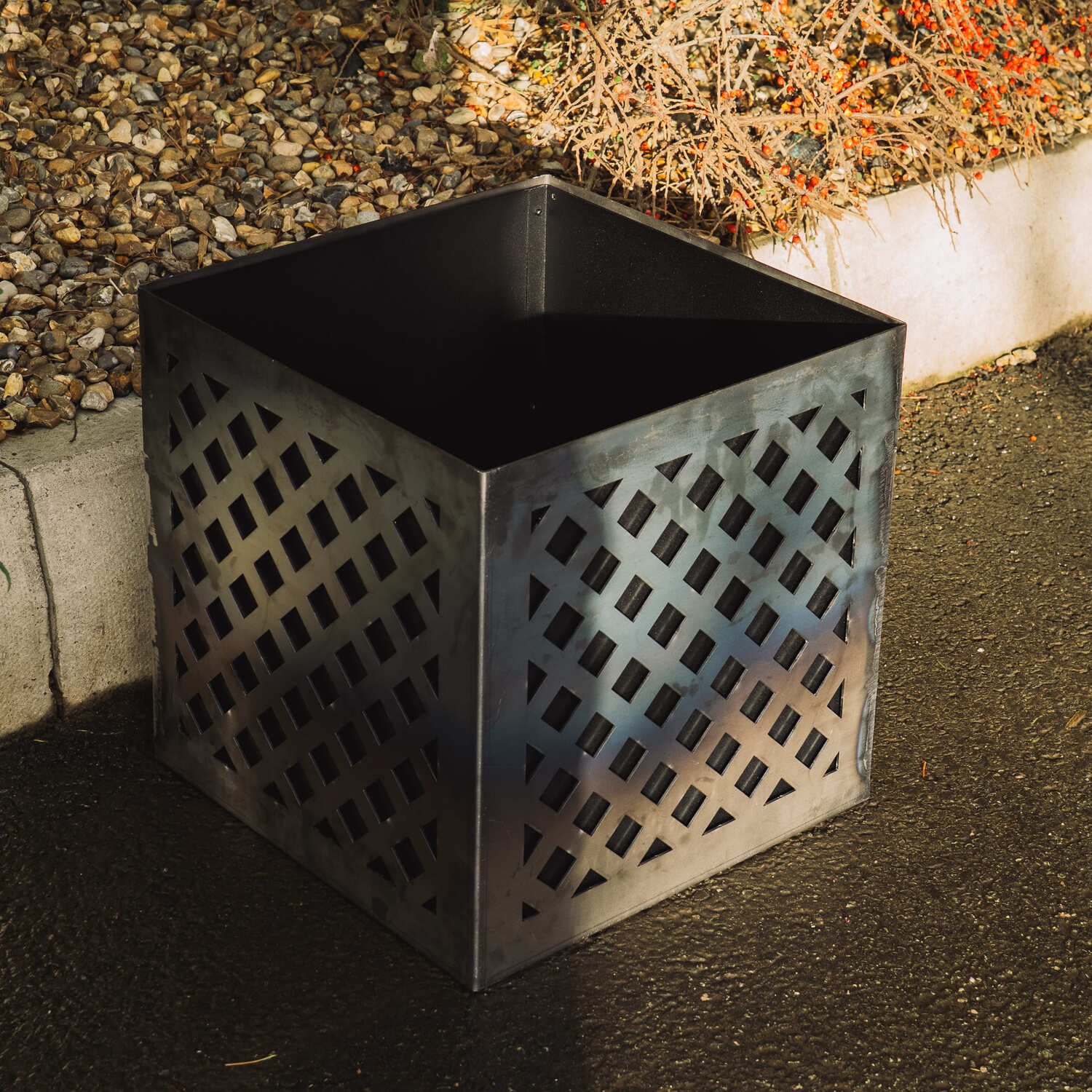 Crosshatch-Design Two-Part Rustic Steel Cube Planter