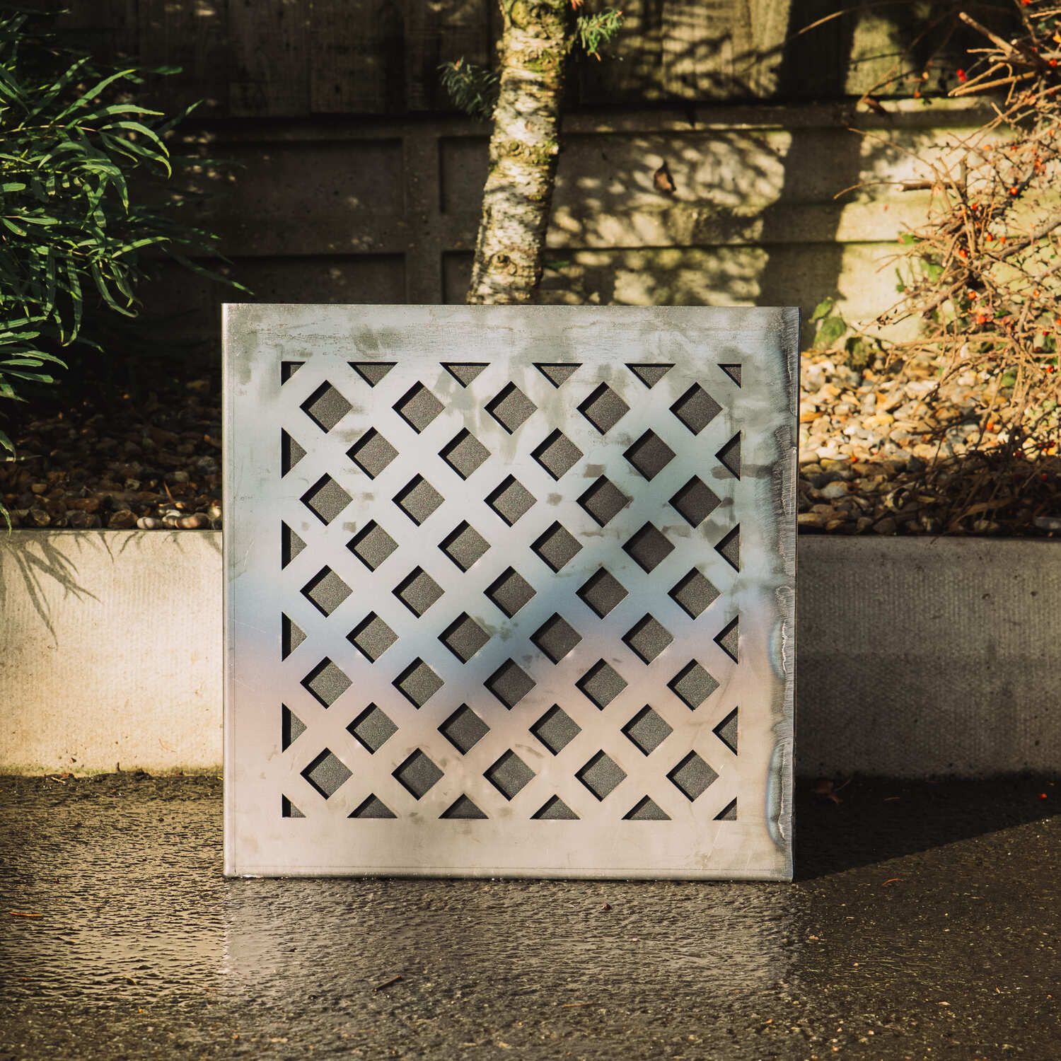 Crosshatch-Design Two-Part Rustic Steel Cube Planter