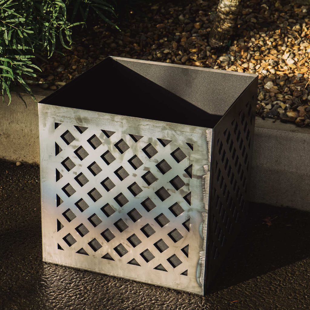 Crosshatch-Design Two-Part Rustic Steel Cube Planter