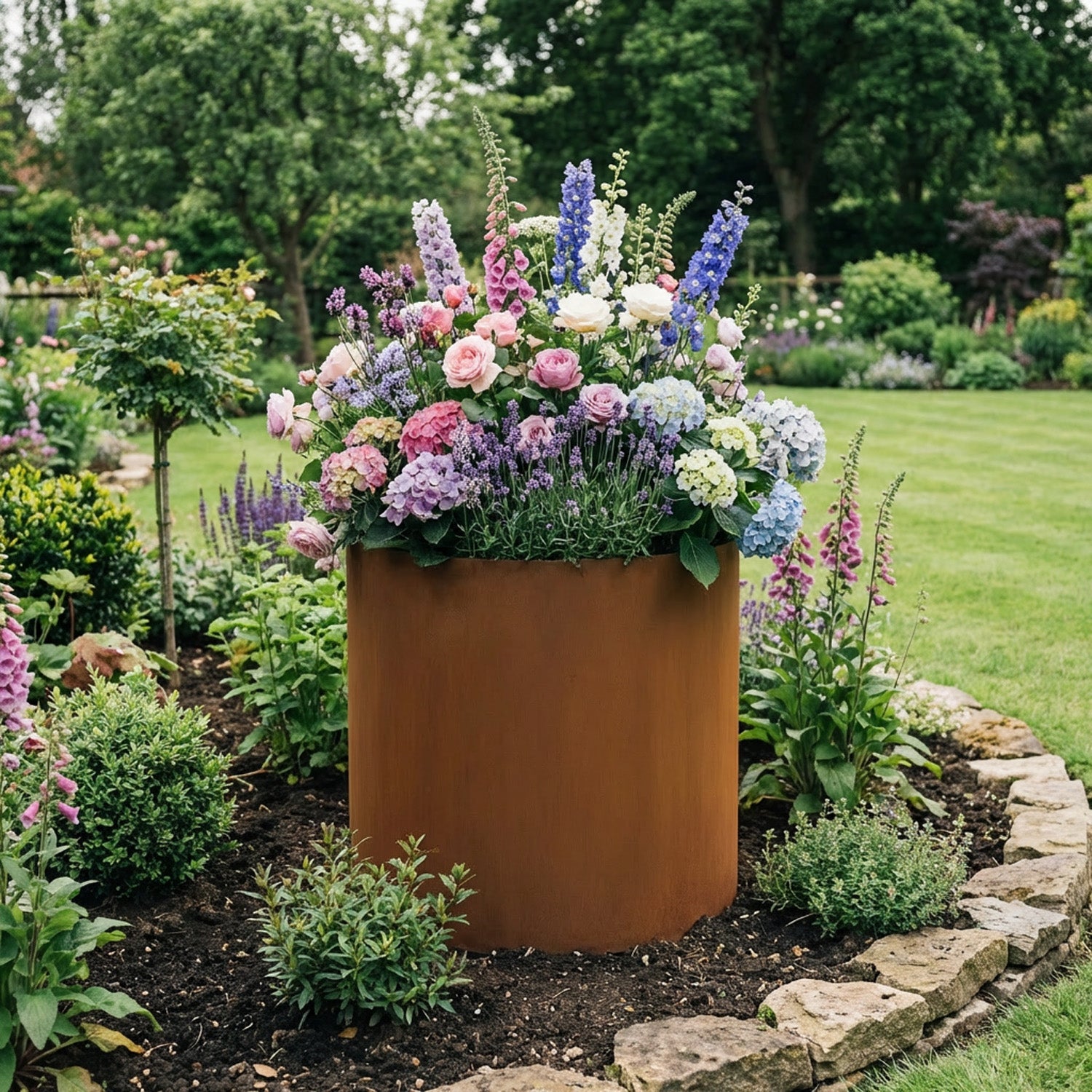 Circular Rustic Steel Planter & Tree Ring - 600mm Diameter x 600mm Height