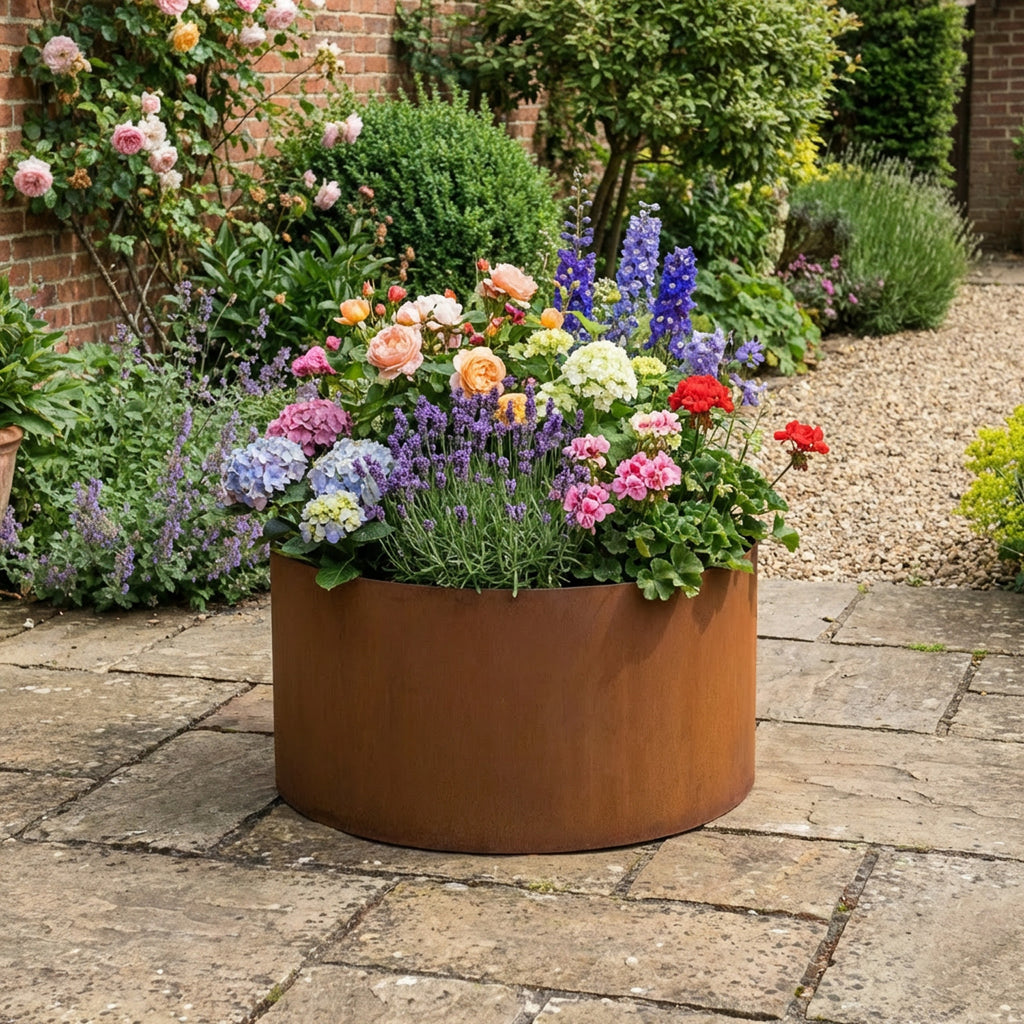 Circular Rustic Steel Planter with Base - 600mm Diameter x 600mm Height