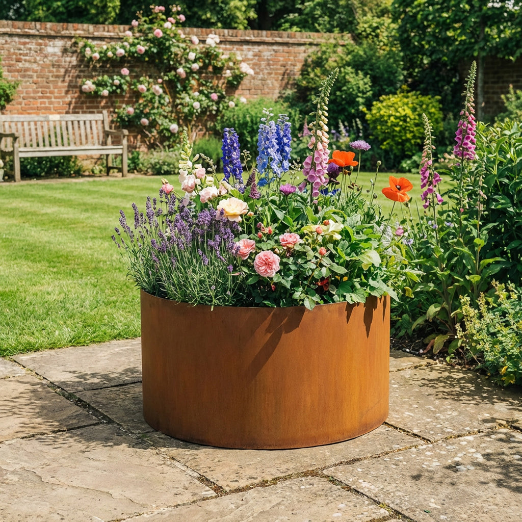Circular Rustic Steel Planter with Base - 400mm Diameter x 400mm Height