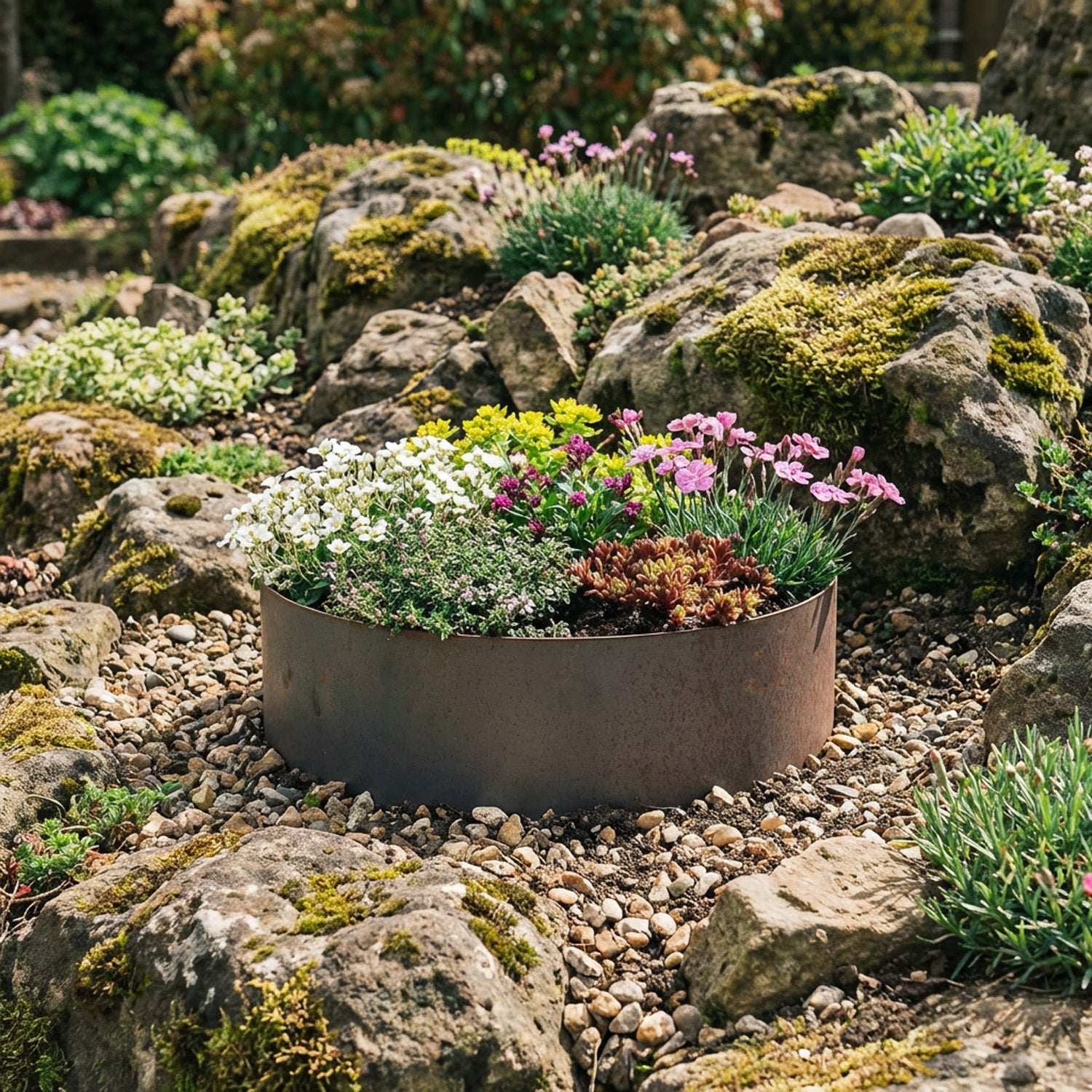 Circular Rustic Steel Planter with Base - 400mm Diameter x 120mm Height