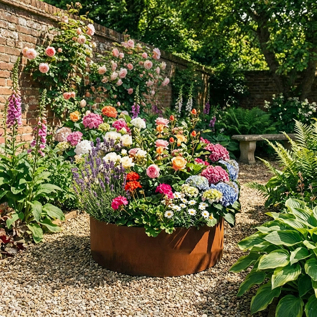 Circular Rustic Steel Planter with Base - 400mm Diameter x 200mm Height