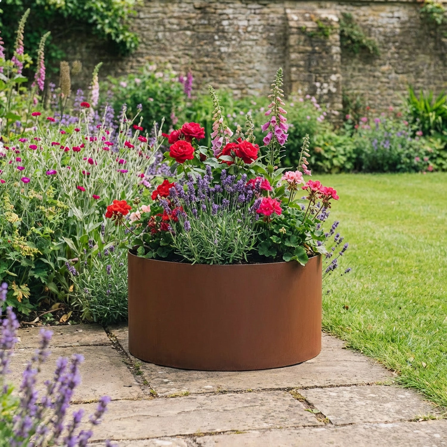 Circular Rustic Steel Planter with Base - 400mm Diameter x 200mm Height