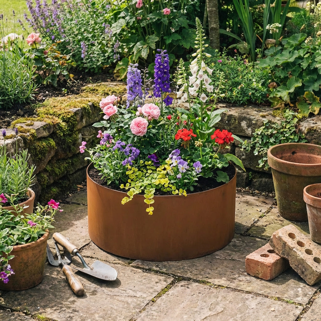 Circular Rustic Steel Planter with Base - 400mm Diameter x 300mm Height