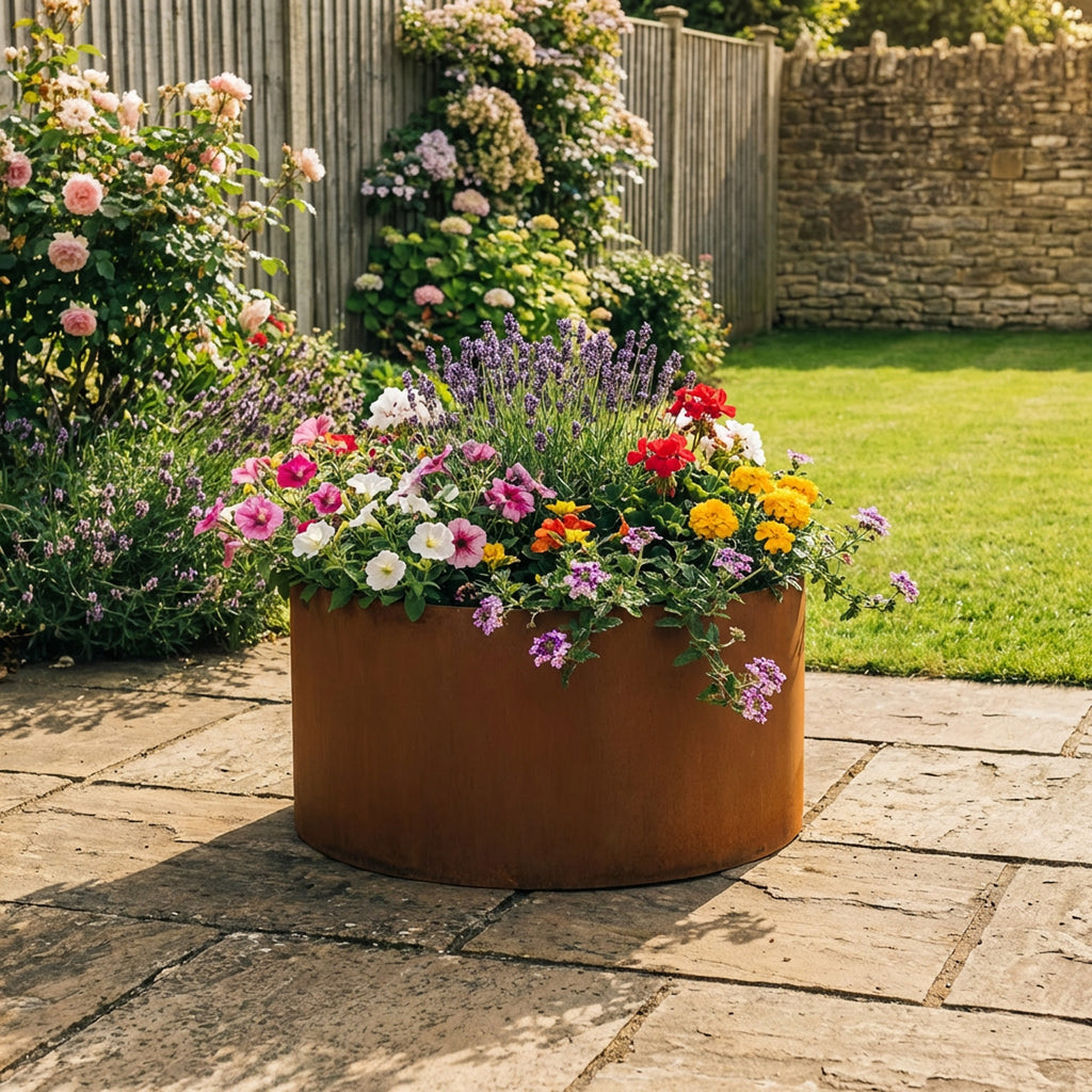 Circular Rustic Steel Planter with Base - 400mm Diameter x 300mm Height