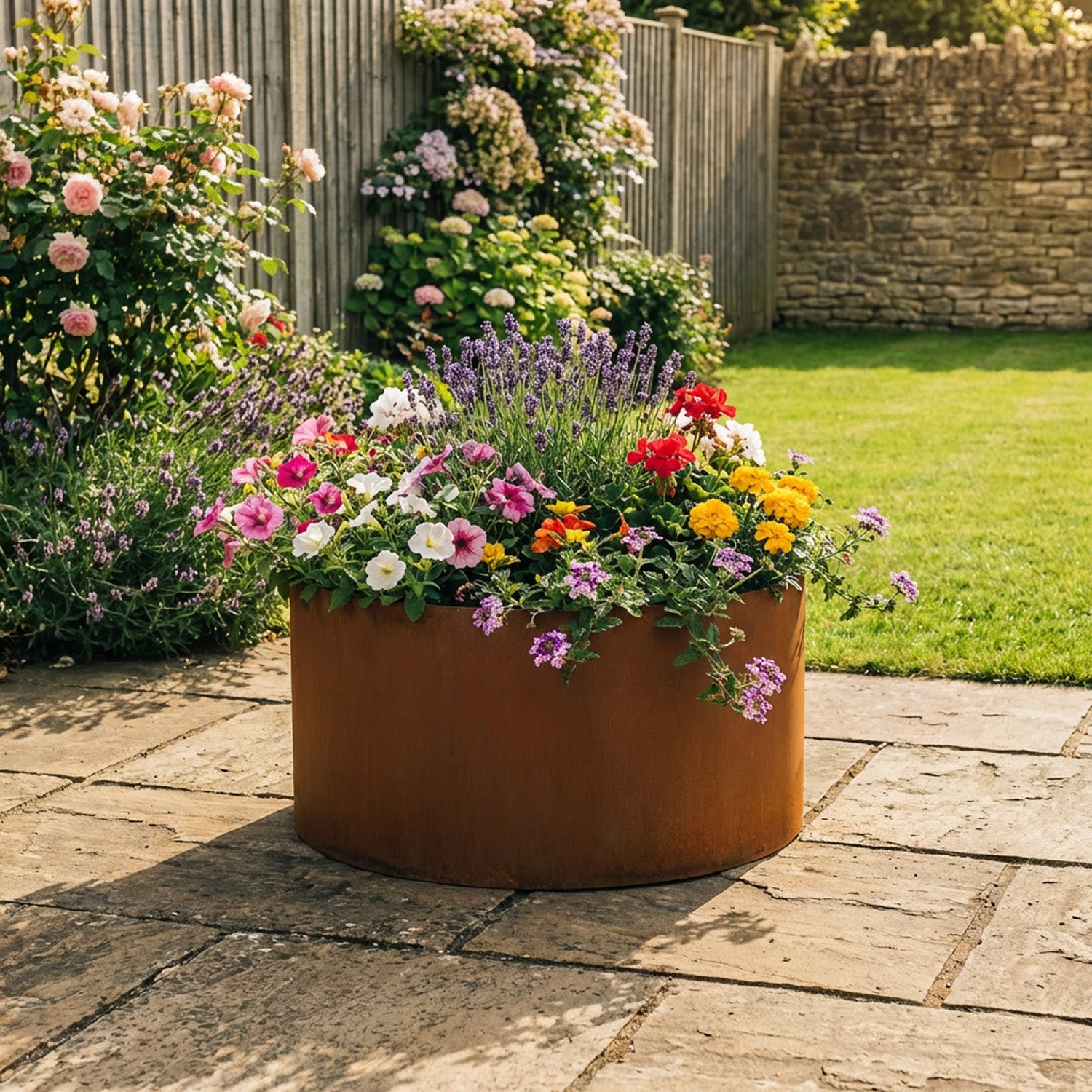 Circular Rustic Steel Planter with Base - 400mm Diameter x 300mm Height
