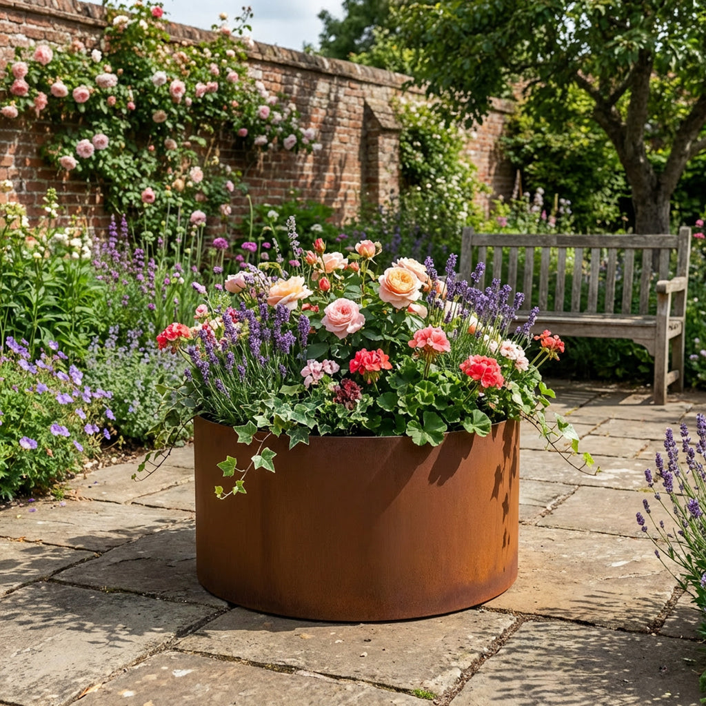 Circular Rustic Steel Planter with Base - 400mm Diameter x 400mm Height