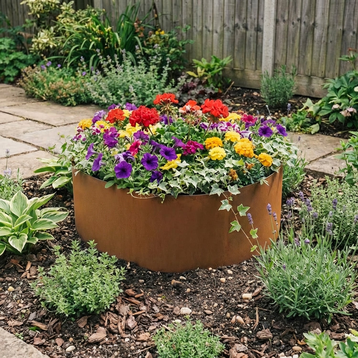Circular Rustic Steel Planter with Base - 600mm Diameter x 200mm Height