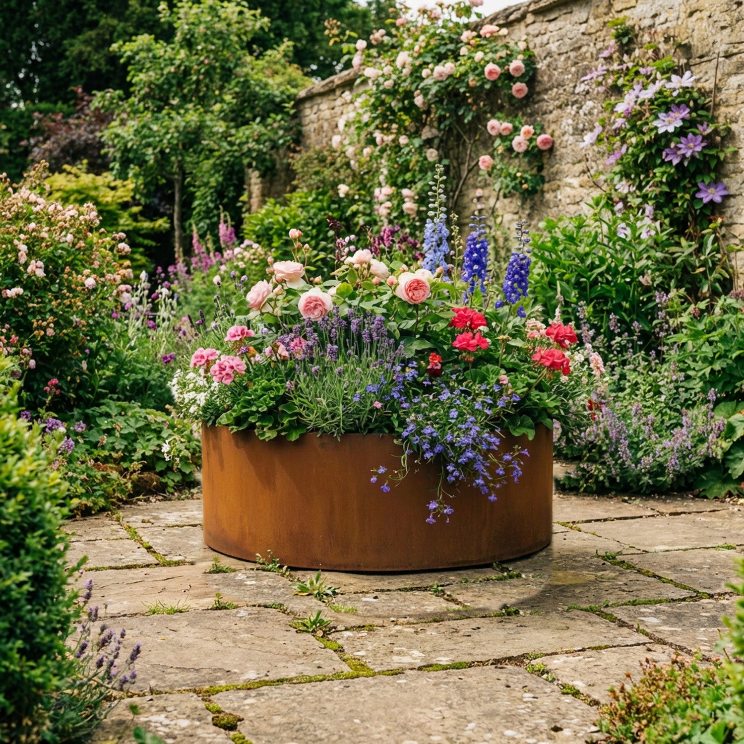 Circular Rustic Steel Planter with Base - 600mm Diameter x 300mm Height