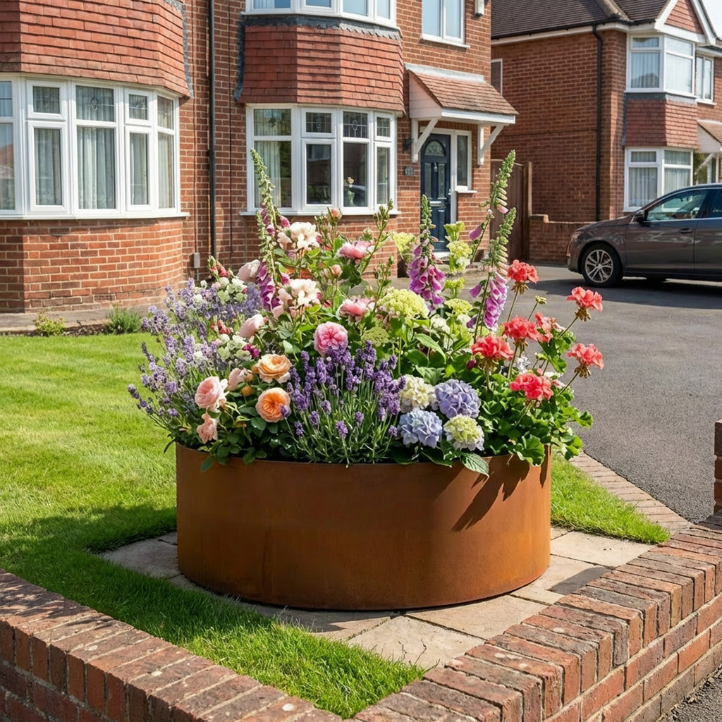 Circular Rustic Steel Planter with Base - 600mm Diameter x 300mm Height