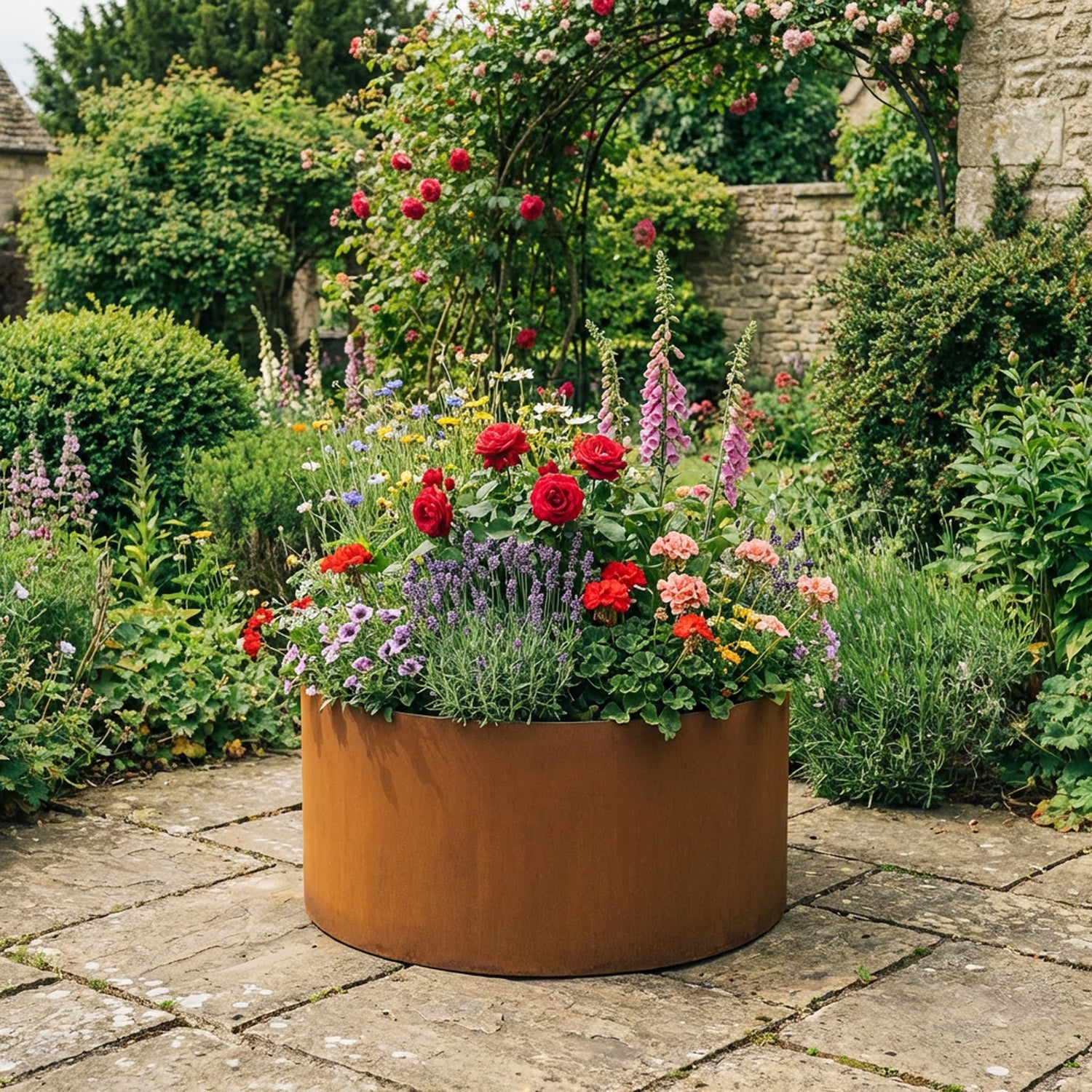 Circular Rustic Steel Planter with Base - 600mm Diameter x 400mm Height