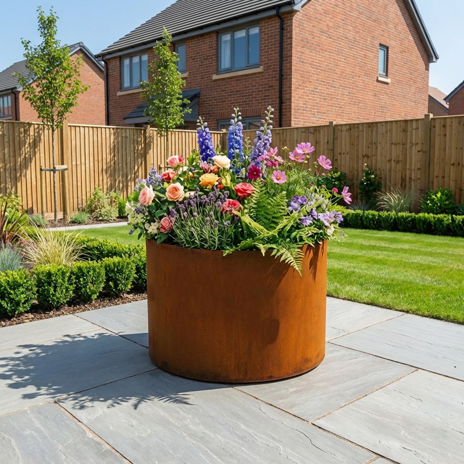 Circular Rustic Steel Planter with Base - 400mm Diameter x 600mm Height